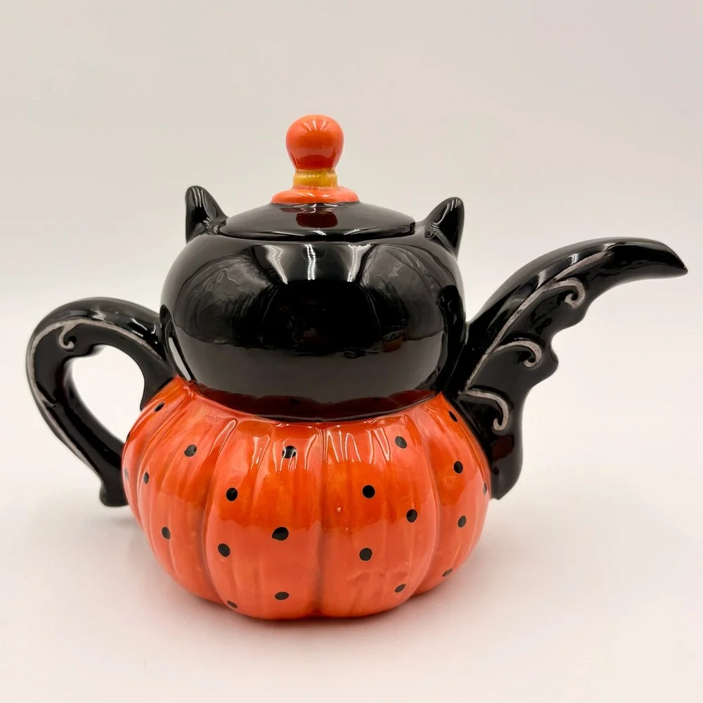 Johanna Parker Halloween Vampire Bat Pumpkin Ceramic Teapot Vintage Style
